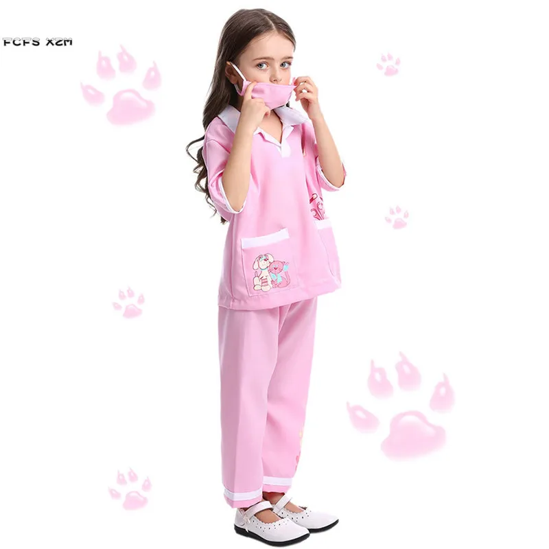 XS-L Pink Girls Halloween Doctor Nurse Costumes Kids Children Veterinary Cosplay Carnival Purim Masquerade Role Play Party Dress