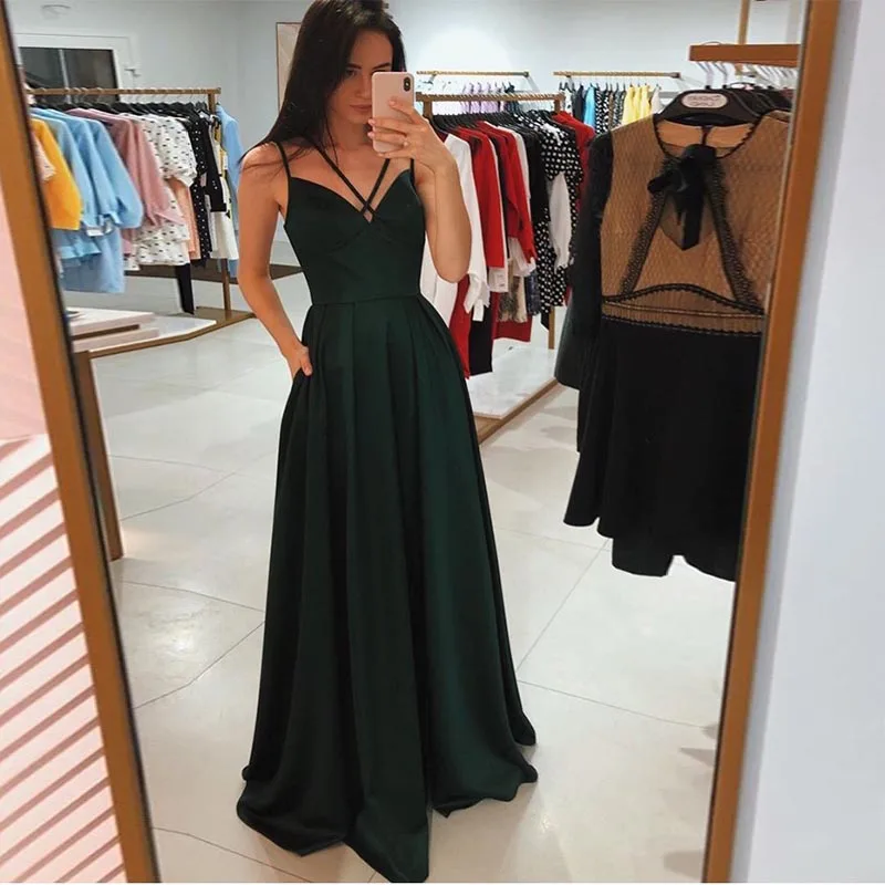 Robe De soirée en Satin avec poches, col en v, longue, bretelles Spaghetti, vert foncé, bordeaux