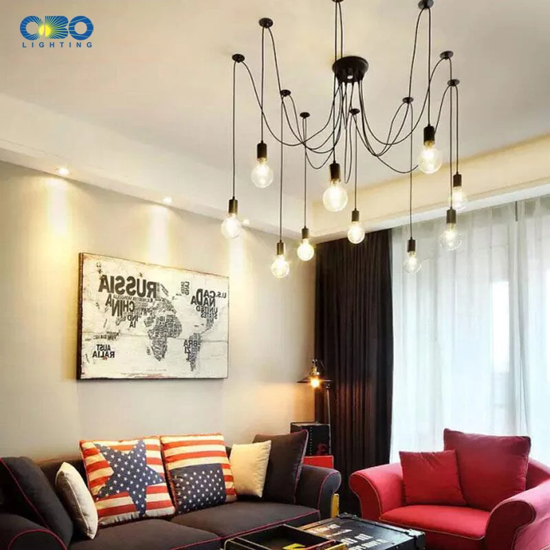 DIY Vintage Black Cord Multiple Light Sources Simple Pendant Lamp Dining Room Coffee 1-2m Wire Spider Pendant Lights