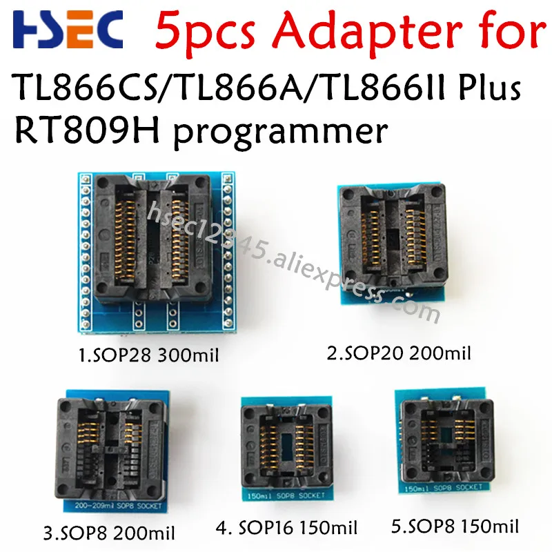 5PCS Adapters Socket Kit SOP28+SOP20+SOP16+SOP8 Adapter for TL866 TL866II Plus T48 T56 EZP2010 EZP2023 RT809F RT809H Programmer