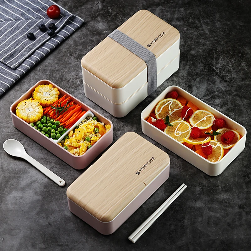 1200ML  Microwave Double Layer Lunch Box Portable Wooden Feeling Salad Bento Box BPA Free Food Storage Container