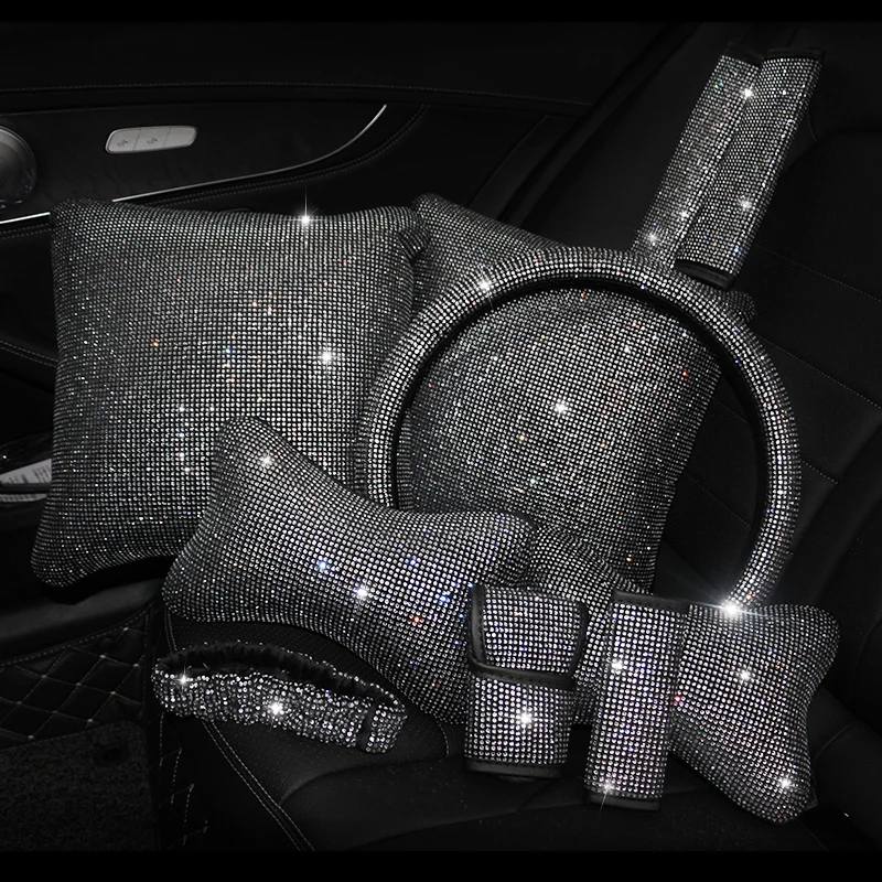 Rhinestones Crystal Car Seat belt cover pad Neck pillow Waist Support Steering wheel cover Auto Interior accessories Kit Set