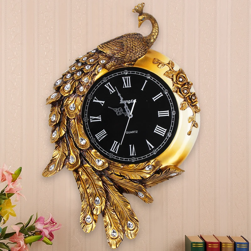 Vintage Large Mute Resin Peahen Wall Clock