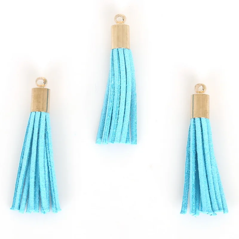 30 sztuk/partia 35mm Suede Tassel do pęku kluczy do telefonu komórkowego biżuteria Charms skórzane frędzle Plated złoty czapki Diy akcesoria