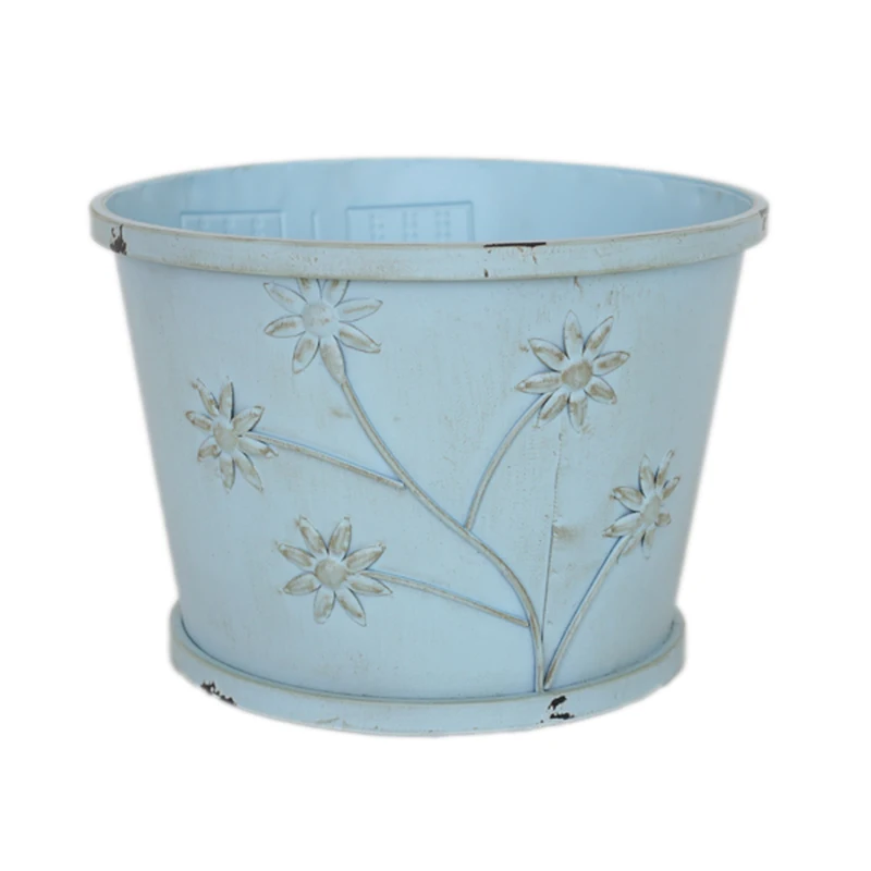 

Blue Baby Bed Props Rustic Flower Pattern Baby Bucket Photography Props Newborn Posing Bowl Metal Bucket Boys Shower Gift