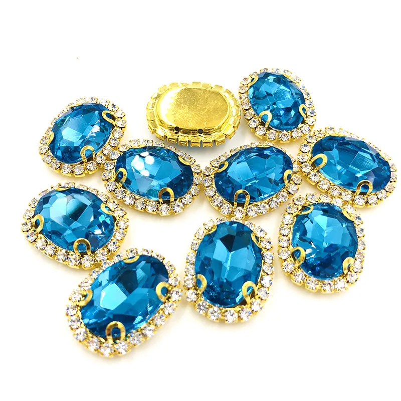 10pcs/pack Lake blue oval shape sew on rhinestones 10X14mm/13X18mm/18X25mm Gold bottom crystal buckle DIY Jewelry Accessories