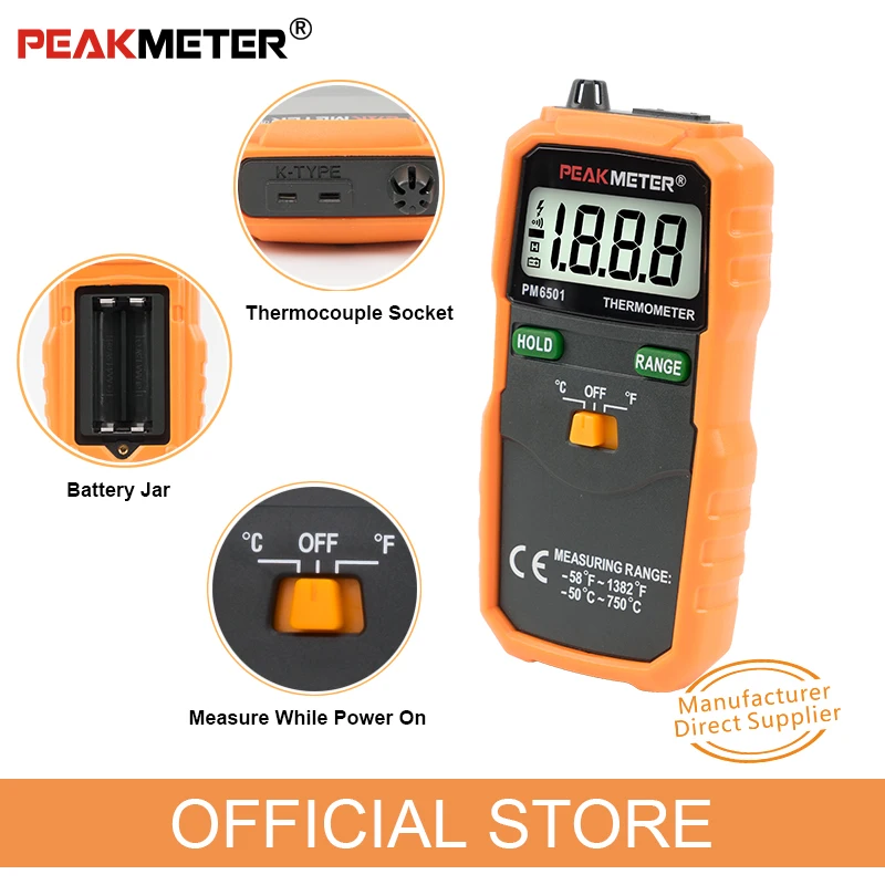 PEAKMETER PM6501 LCD Display Wireless K Type Digital Thermometer Temperature Meter Thermocouple W/Data Hold/Logging