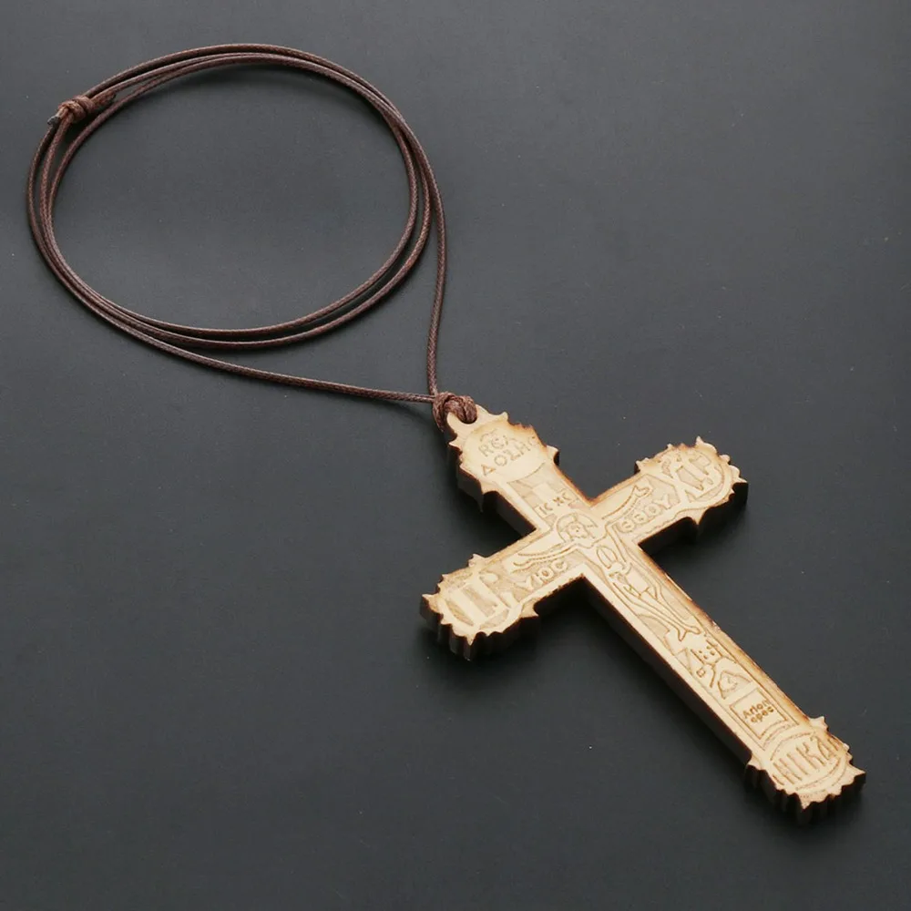 Large Wooden Religious Orthodox Cross Pendant Necklace Men Handmade Rope Chains Necklace Jewelry Father Gifts bijoux NC167