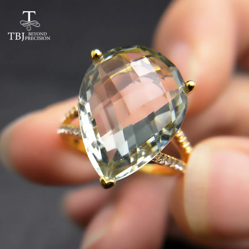 

TBJ,New big natural green amethyst Ring in 925 sterling silver yellow gold color gemstone jewelry for girls as a valentines gift