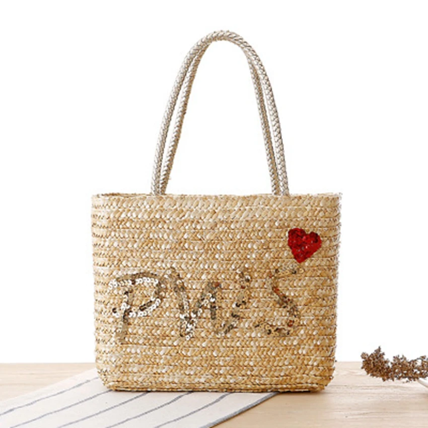 

Ethnic style hand embroidery Sequins letters Shouzhi Bao woven weaving bags travel vacation beach leisure handbags