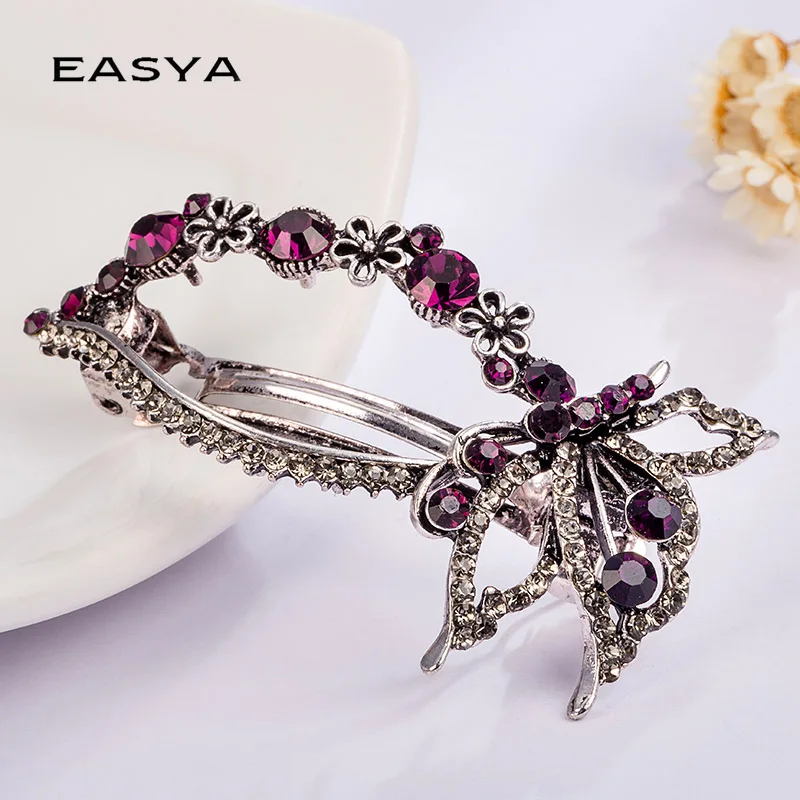 EASYA Vintage Antique Metal Crystal Heart Hairgrips Purple Blue Butterfly Flower HairPins For Women\'s Hair Accessories