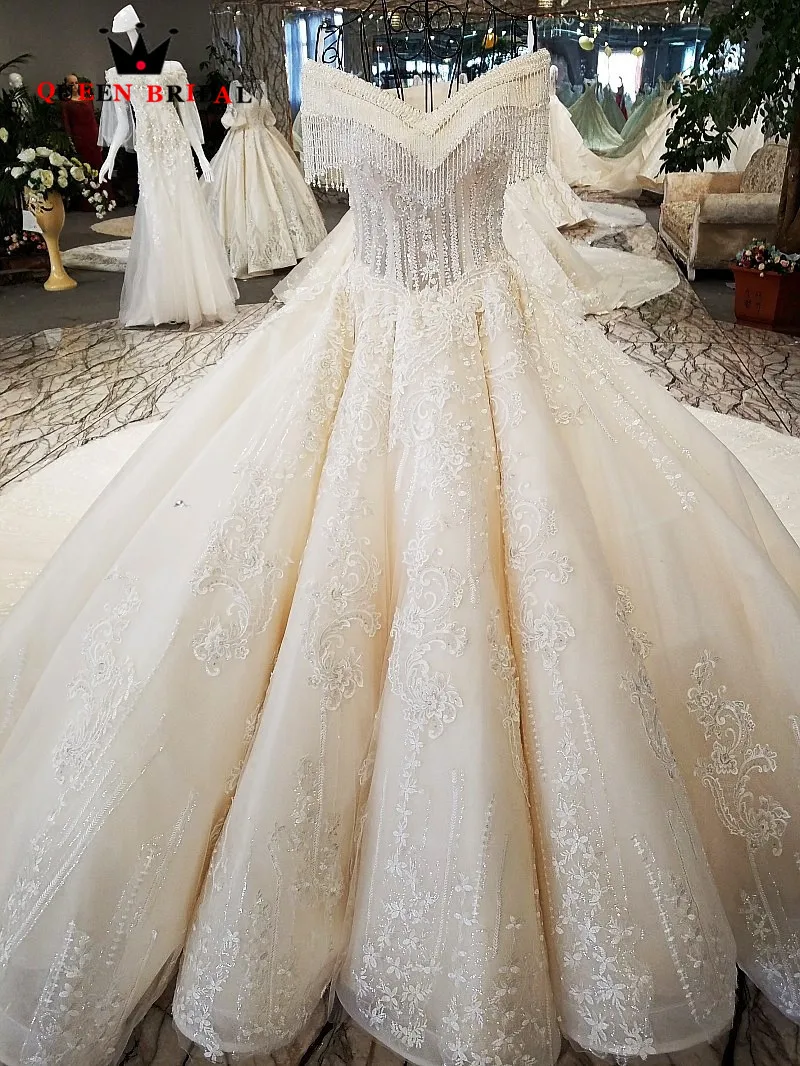 Hot Sale 2021 robe de mariee Ball Gown Lace Beaded Crystal vestido de noiva QUEEN BRIDAL Long Train Wedding Dresses WD102