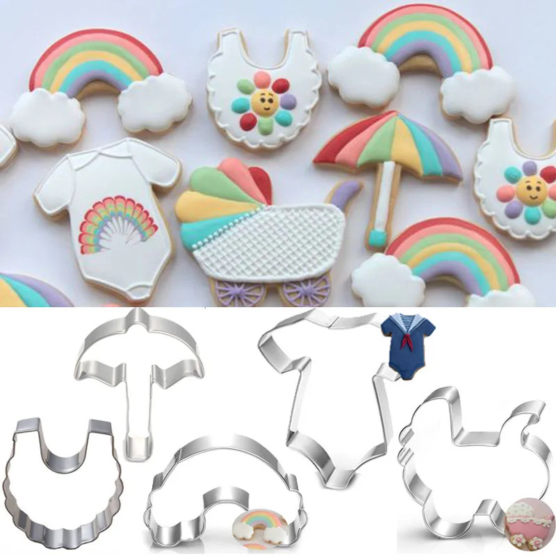 

5pcs patisserie reposteria Bakeware Baby Carriage Rainbow Fondant Cake Decor Tools Metal Cookie Cutter Chocolate Biscuit Mold