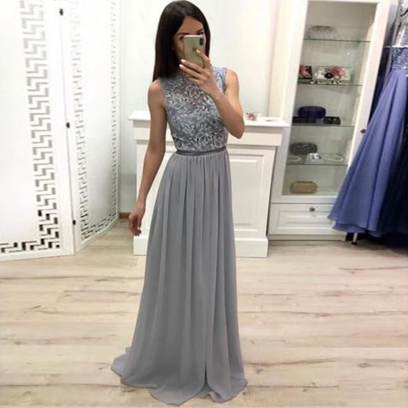 Long Sheath Prom Dresses O-neck Sleeveless Lace Top Chiffon Skirt Women Formal Party Dresses Gray Color Special Occasion Gowns