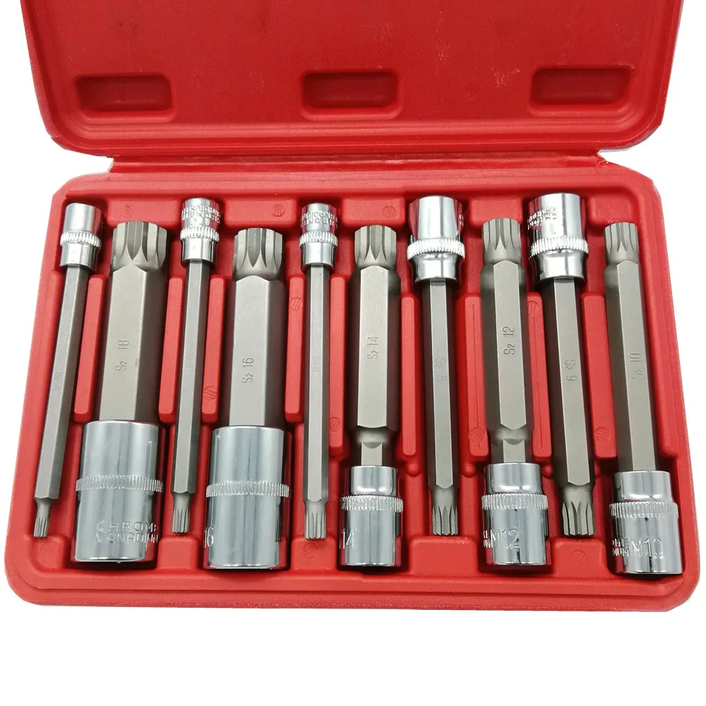 SPIFFYER New 10Pcs 4-Inch Extra Long XZN Triple Square Spline Bit Socket Set, S2 Steel  Bits,Chrome Vanadium Sockets