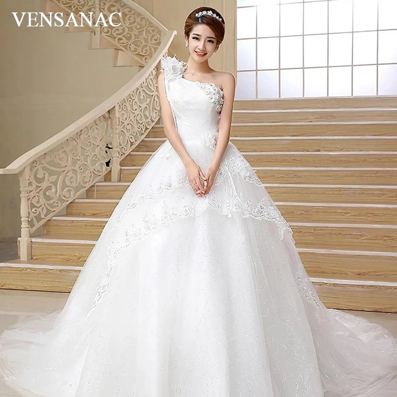 

VENSANAC Flowers Pleat One Shoulder Sequined Ball Gown Wedding Dresses Lace Appliques Court Train Bridal Gowns