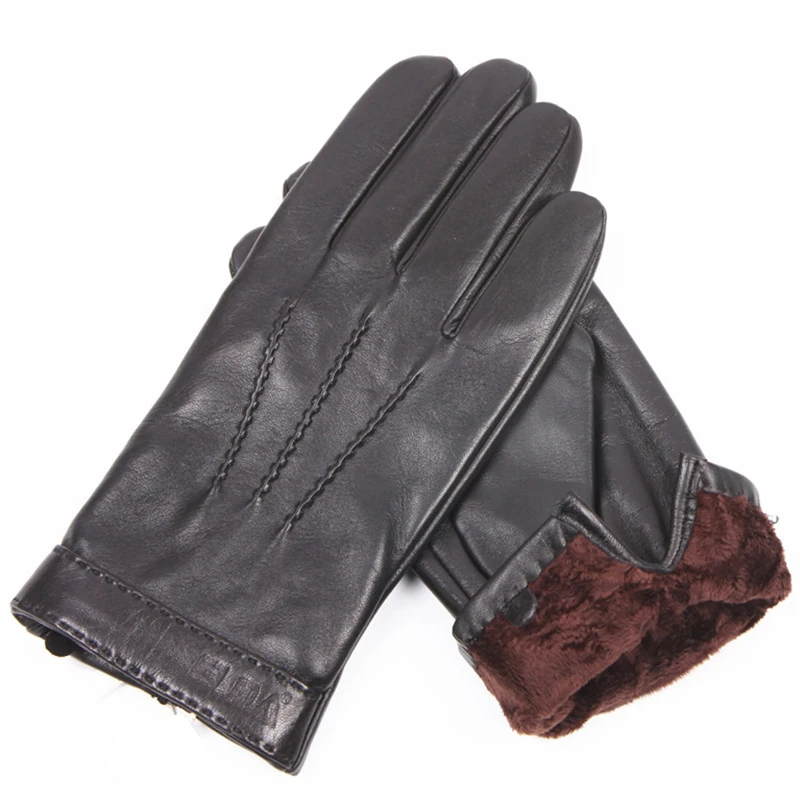 Man's Real Leather Gloves Autumn Winter Plus Velvet Warm Sheepskin Full palm Touchscreen Gloves For Driving Male EM021NC2