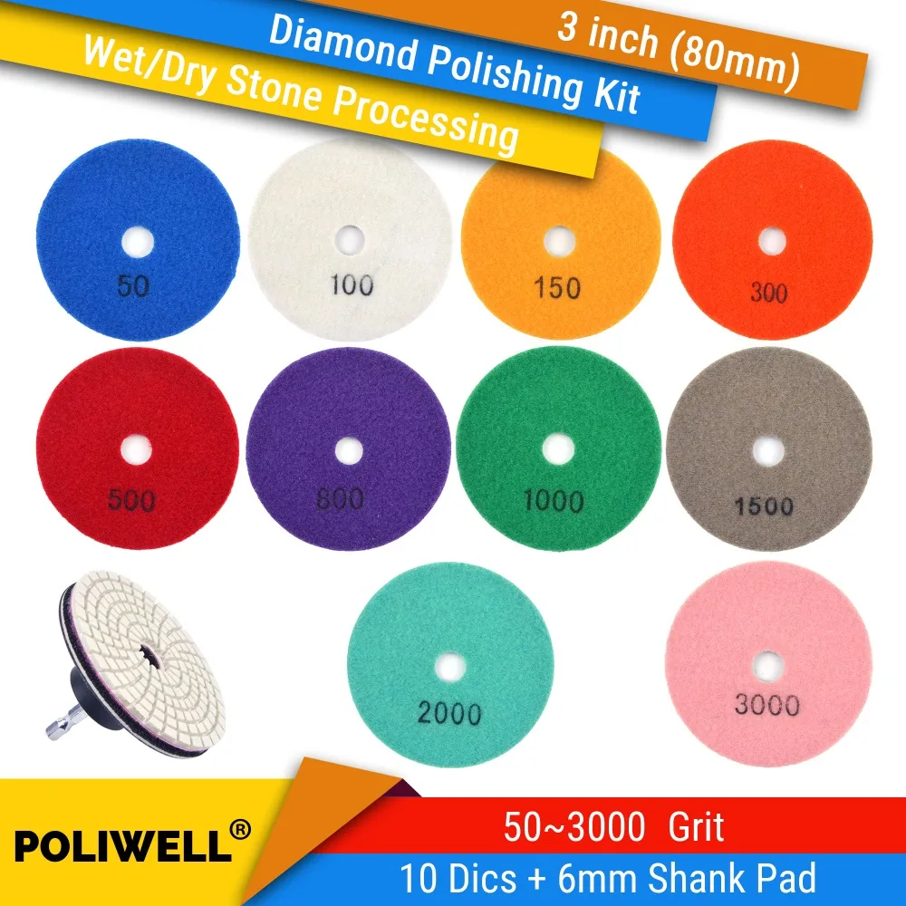 

3 Inch (80mm) 10 pcs/set Diamond Hook&Loop Wet/Dry Grinding Discs With 6mm Shank M10 Thread Sanding Pad For Stone Polishing