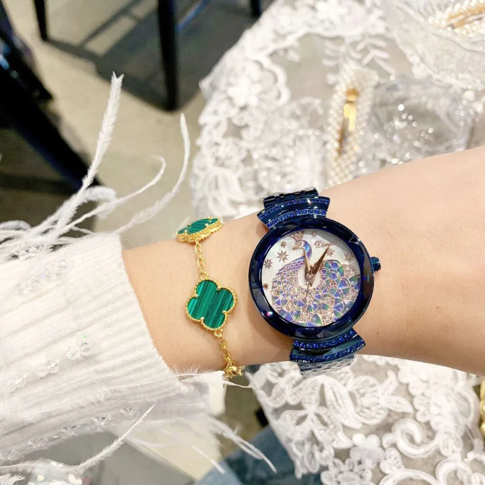 Vintage Enamel Peacock Watches for Women Luxury Crystals Bracelet Watch Anti Fading Noble Blue Steel Wrist watch Quartz Montre