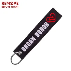 Fashion Keychain Organ Donor Keychains Holder for Motorcycles REMOVE BEFORE FLIGHT Key Fobs Organ Donor Embroidery KeyRing Chain