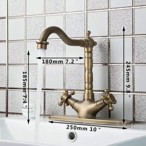 OUBONI Swivel 360 Antique Brass Double Handles Kitchen Tap Brass Cover Plate 2 Hose Sink Torneiras Cozinha Tap Mixer Faucet