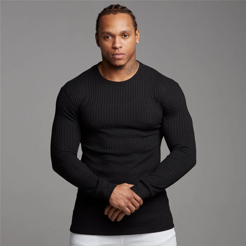 Muscleguys Autumn Men's Sweater T-shirt Mens Long Sleeve Solid Casual Stretch Slim Fit Fitness Clothing Brand Knitted Pullovers