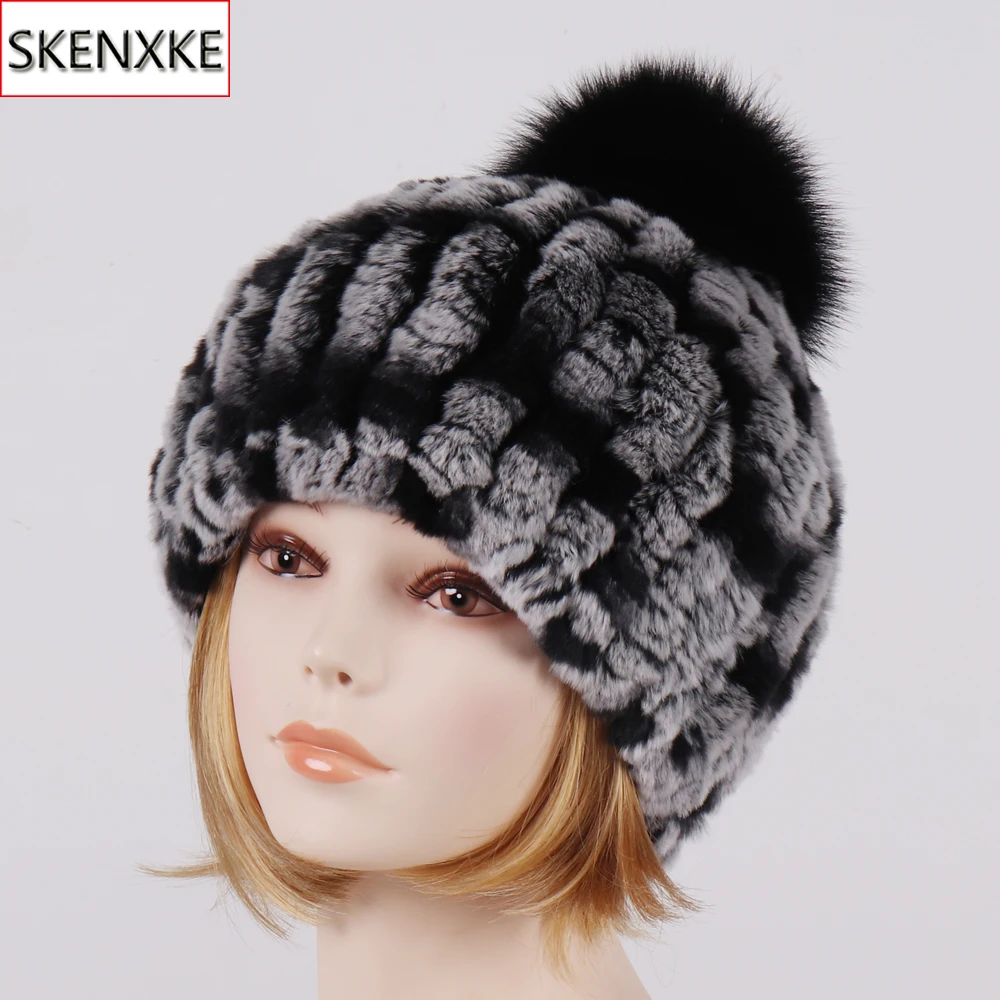 

New Women Knitted Rex Rabbit Fur Skullies Lady Winter Rex Rabbit Fur Hats 100% Real Natural Rex Rabbit Fur Big Fox Fur Ball caps