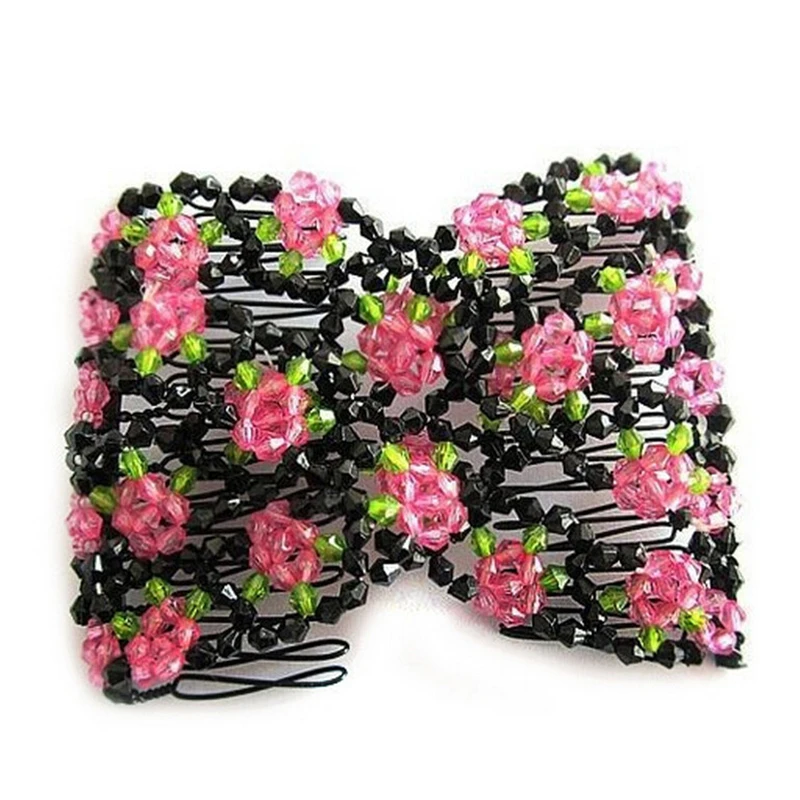 New Arrival Chic Stretch Rose Flower Bow Glass Bead Hair Head Comb Cuff Double Insert Clips For Gifts Women Fashion Accessory