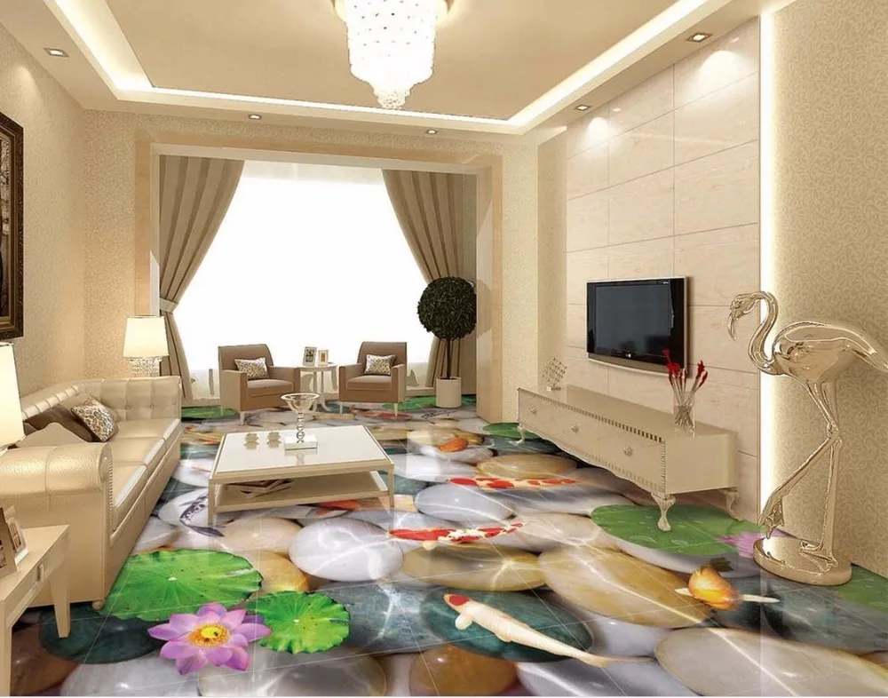 

3d floor painting wallpaper Pebble lotus carp 3D floor pvc self-adhesive wallpaper bathroom floor wallpaper