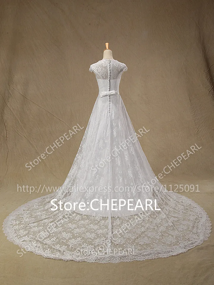 Vestido De Noiva Wedding dress Custom Made Scoop See Through Back Zipper Button Full Lace Mouwloze Kant Wedding Dress Real