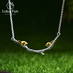 Lotus Fun Real 925 Sterling Silver Natural Original Handmade Fine Jewelry 18K Gold Bird on Branch Necklace for Women Gift Bijoux