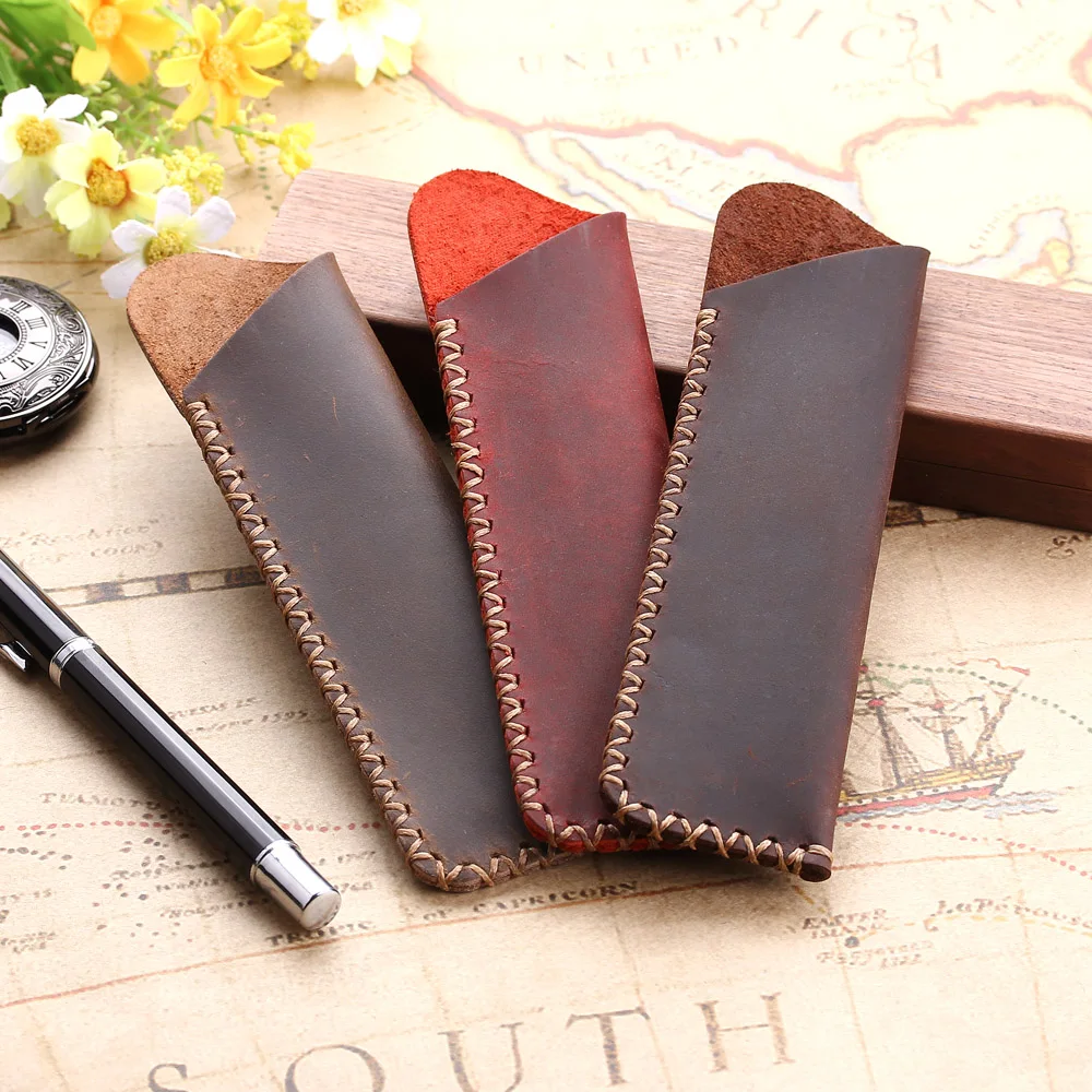 Genuine Leather Pencil Pouch Holder Double Pen Bag Sleeve For Fountain/Ballpoint Pen