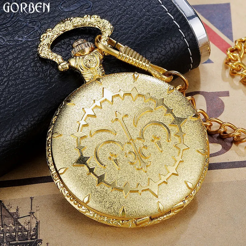 Orologio da tasca al quarzo Steampunk dorato rotondo di lusso con catena a vita FOB ventagli Vintage Anime Cosplay orologio da tasca donna regali da uomo