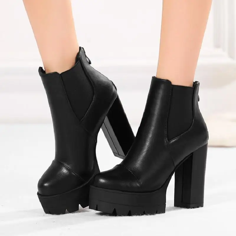 Europe and the United States in autumn and winter black round head high heel women boots British wind high heel boots