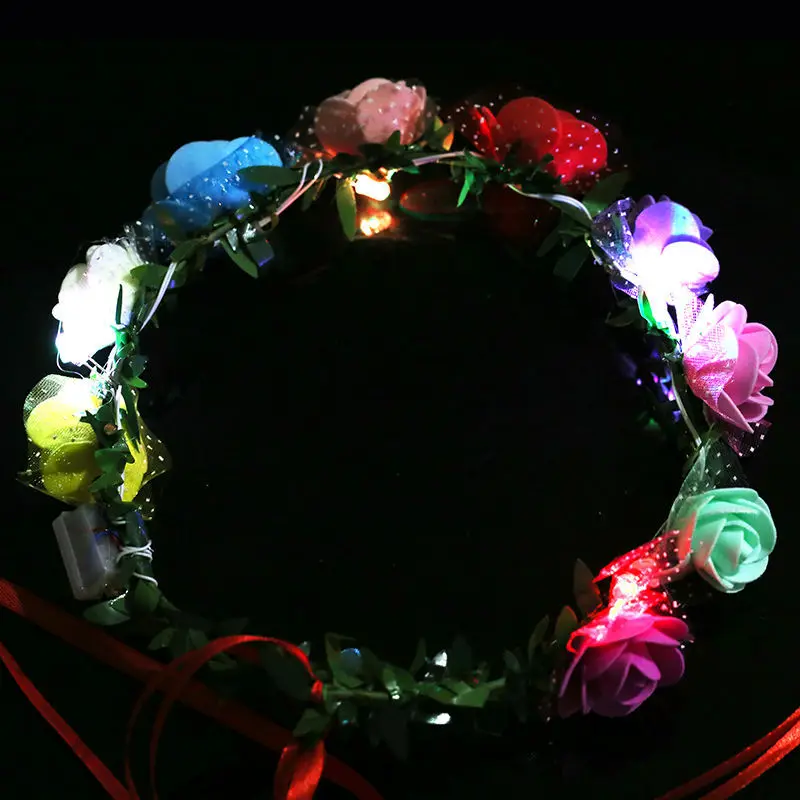 Flashing LED Glow Flower Headbands Light Up Party Rave Wear Floral Hair Garland Wreath Wedding Flower Girl Party Supplies SY0016