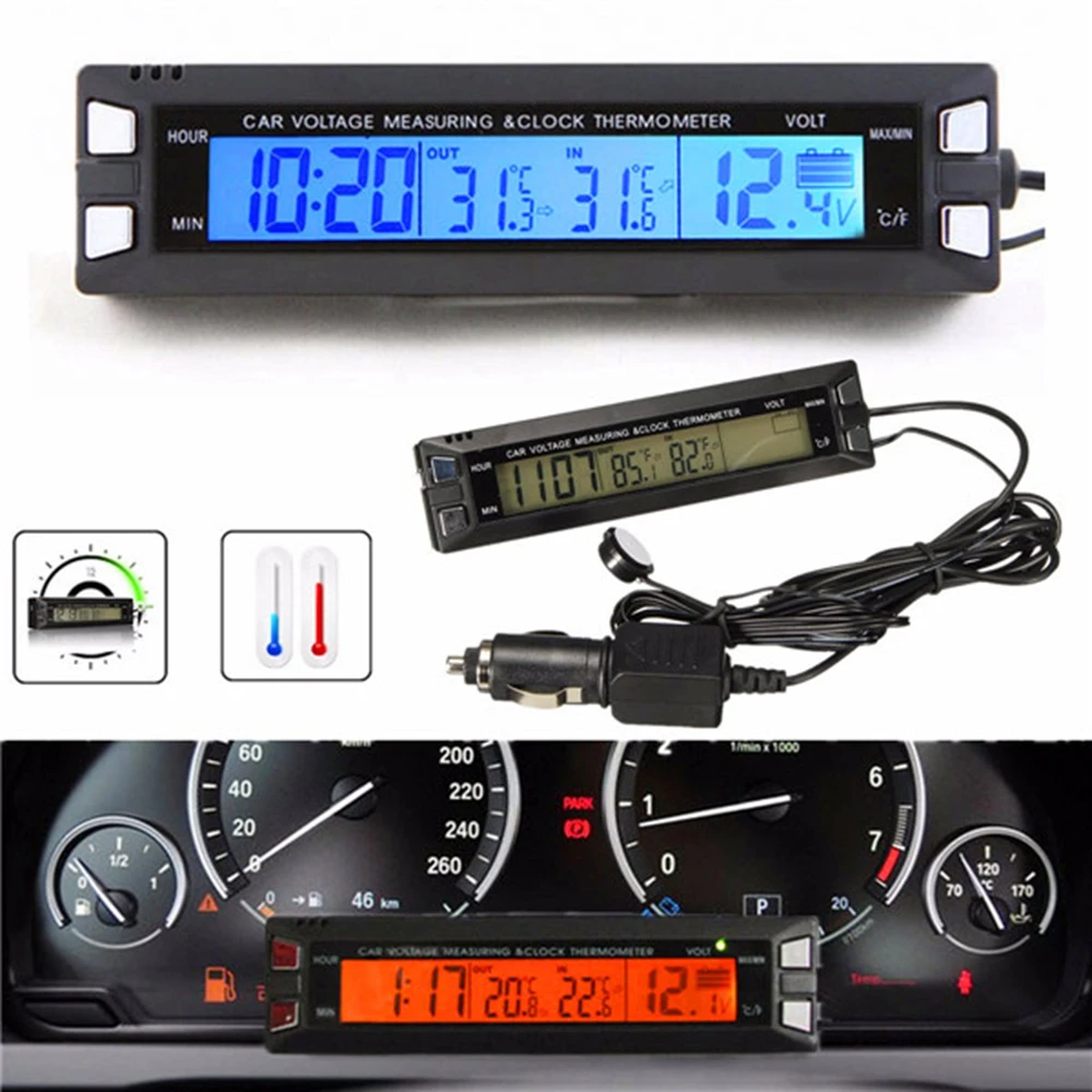 Universal 12V/24V Red/Orange Backlight Car Digital LCD Display Clock,indoor/outdoor Thermometer,Voltage Meter Battery Monitor