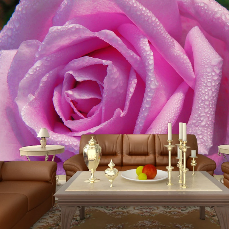 HD Water Drop Pink Rose Photo Wallpaper 3D Wall Mural Romantic Decor Wedding House Living Room Warm Wallpaper Papel De Parede 3D