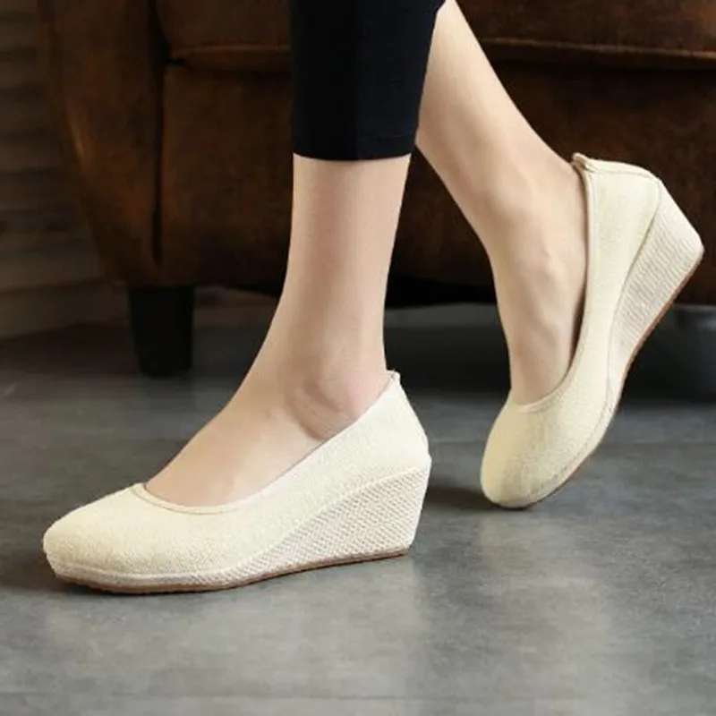 Women\'s Pure Color Vintage Hemp Wedge Pumps Round Toe Casual Lady Mid Heel Walking Shoes Slip-on Closed Toe Espadrilles