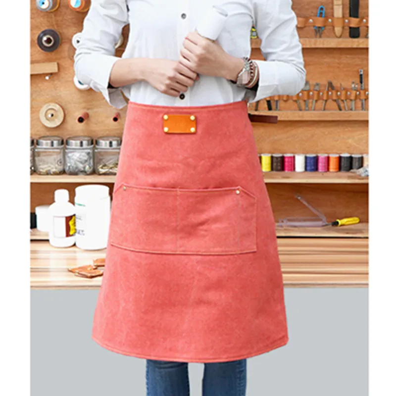 Half Length Canvas Waist Apron Leather Strap Barista Bartender Baker Uniform Painter Florist Carpenter Gardener Work Wear K34