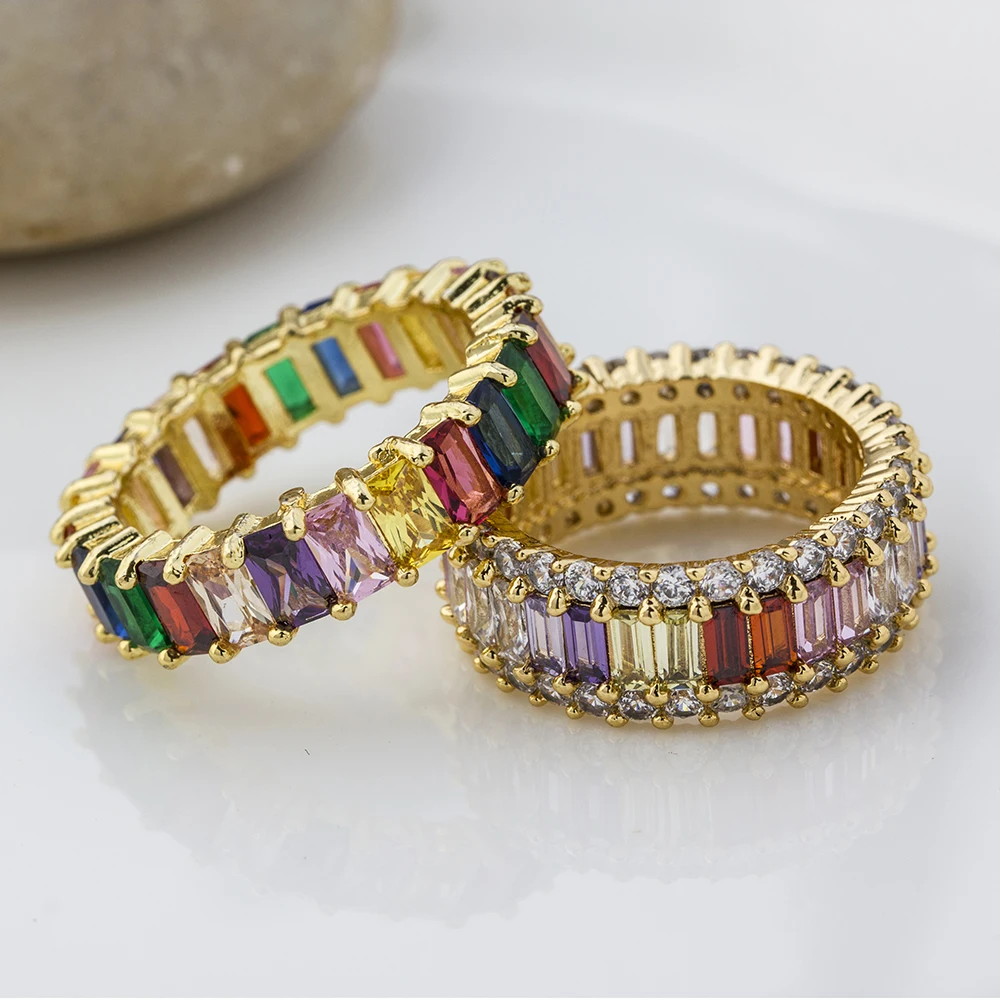 Nidin Hot Sale Thin Baguette Rainbow CZ Ring For Women Girls Fashion Engagement Wedding Band Top Quality Charm Finger Jewelry