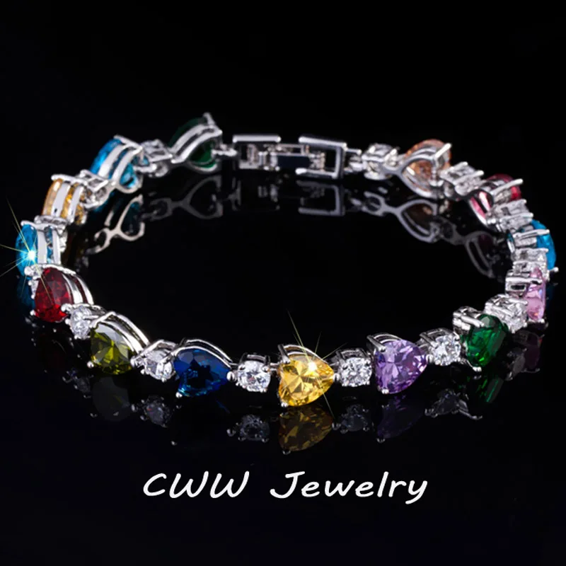 CWWZircons 2021 New Fashion Cubic Zircon Jewelry Multi Color Austrian Crystal Love  Heart Shape Bracelets for Girlfriend CB163