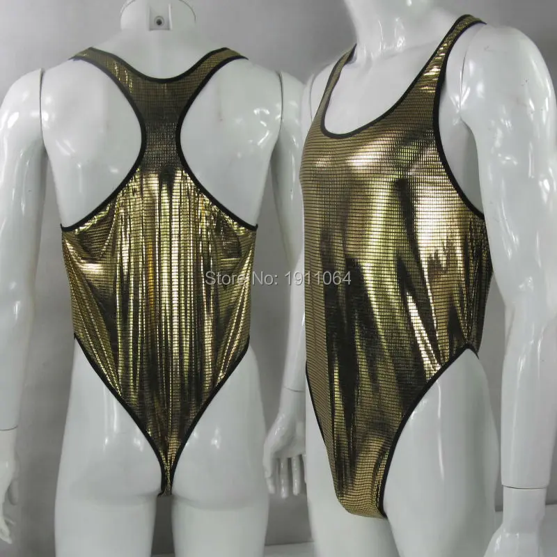 Mens Shiny bodysuit Thong Leotard G1283 Coated Metallic High Cut Racer Back