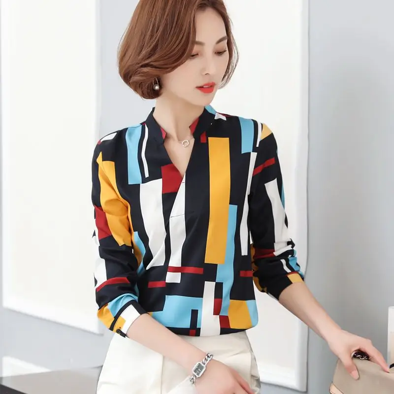 Chiffon Women Blouse Long Sleeve V-collar Slim Spring Autumn New Korean Plaid Shirt Office Ladies Bottom Work Top Clothes H9032