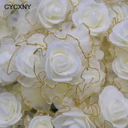 50 Uds. De rosas blancas de encaje dorado de 4cm, flores rosas artificiales, manualidad para álbum de recortes, accesorios de regalo, corona, decoración para el hogar y la boda