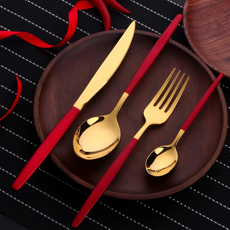 16/24PCS Red Gold Cutlery Stainless Steel Flatware Set Dinner Knife Spoon Fork Set Kitchen Tools Dinnerware Christmas Gifts