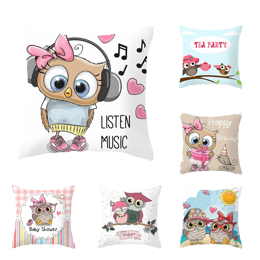 

Cute Owl Cushion Cover Cartoon Animal Owl Polyester Throw Pillow Case Cover Owl Decoration Pillowcases Kussenhoes Kissenbezug