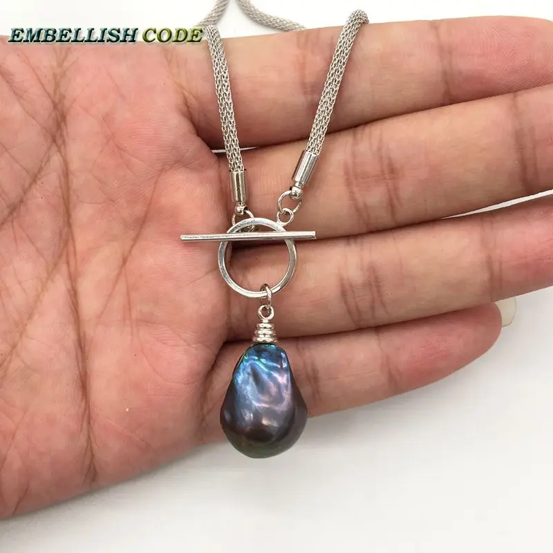 New black blue few brown color large nucleated flame ball OT shape baroque pearl necklace pendant freshwater 100% natural pearls