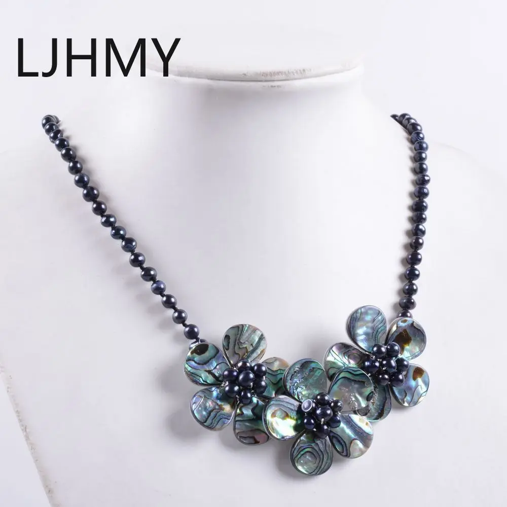 

LJHMY NEW 37mm Abalone shell pearl flower beaded necklace Women Wedding Party Necklace Gift