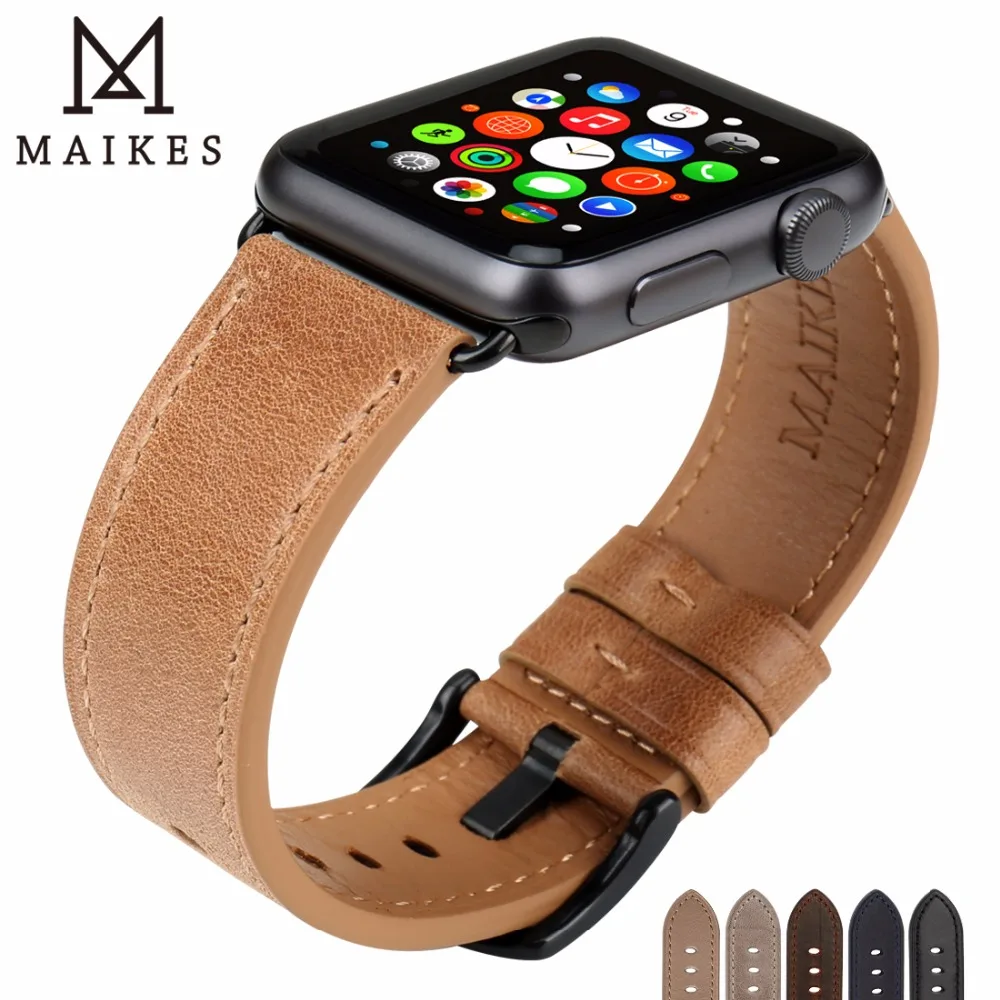 MAIKES Genuine Leather Strap For Apple Watch 49mm 45mm 41mm 44mm 40mm 42mm 38mm Series 8 7 SE 6 5 4 3 iWatch Band