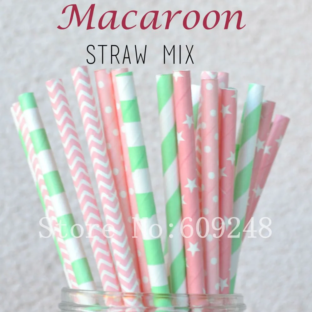 125 Pcs Mix Colors Macaroon Party Paper Straws,Light Pink Chevron,Swiss Dot and Star,Mint Striped and Sailor Stripe,Baby Shower